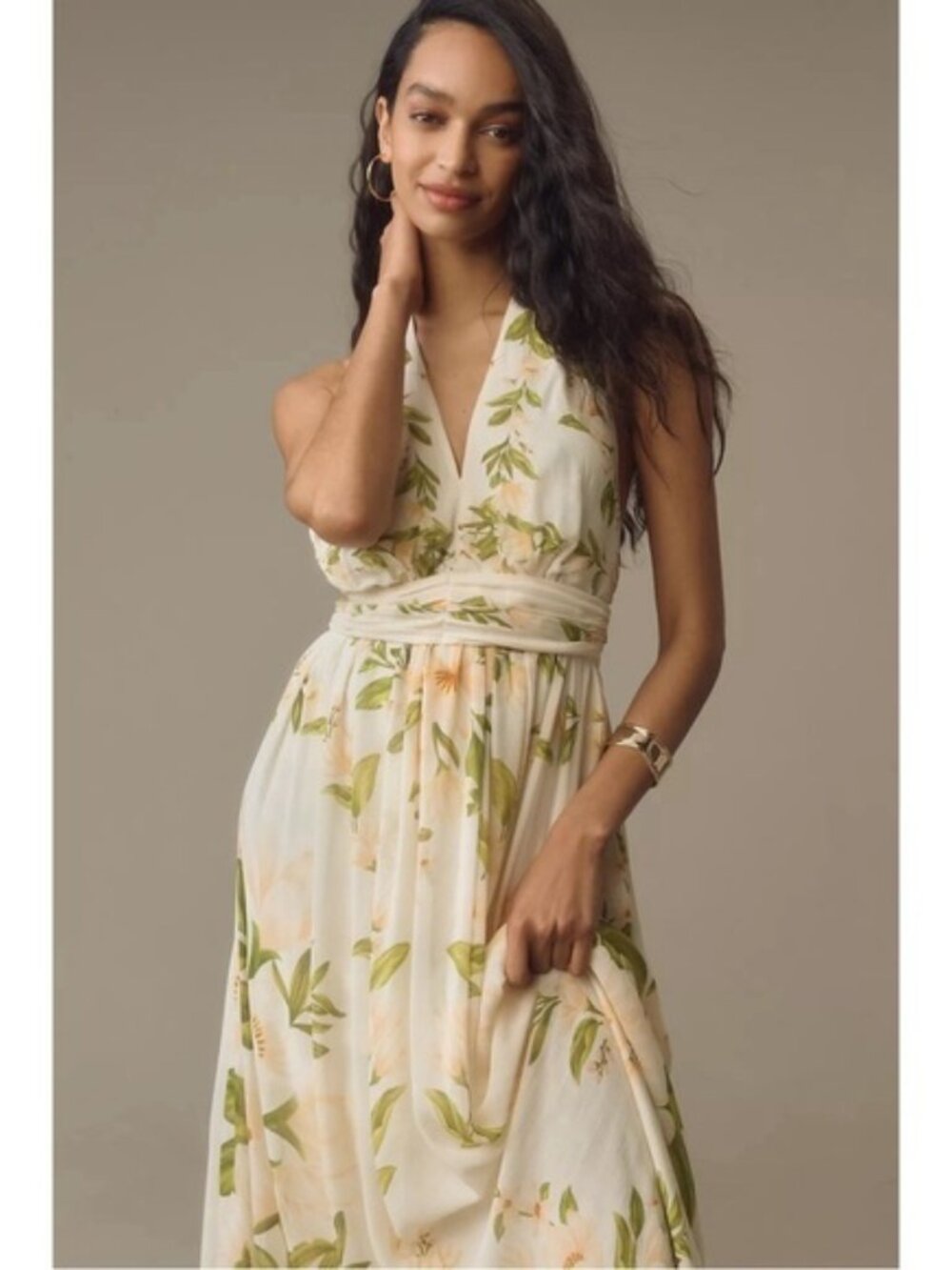 Anthropologie Farm Rio Cream Maxi Dress with Green Leaf and Peach Floral Print